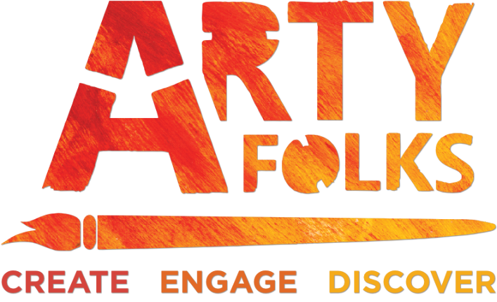 Arty Folks logo in faded red and orange above a paintbrush and the words create, engage and discover.
