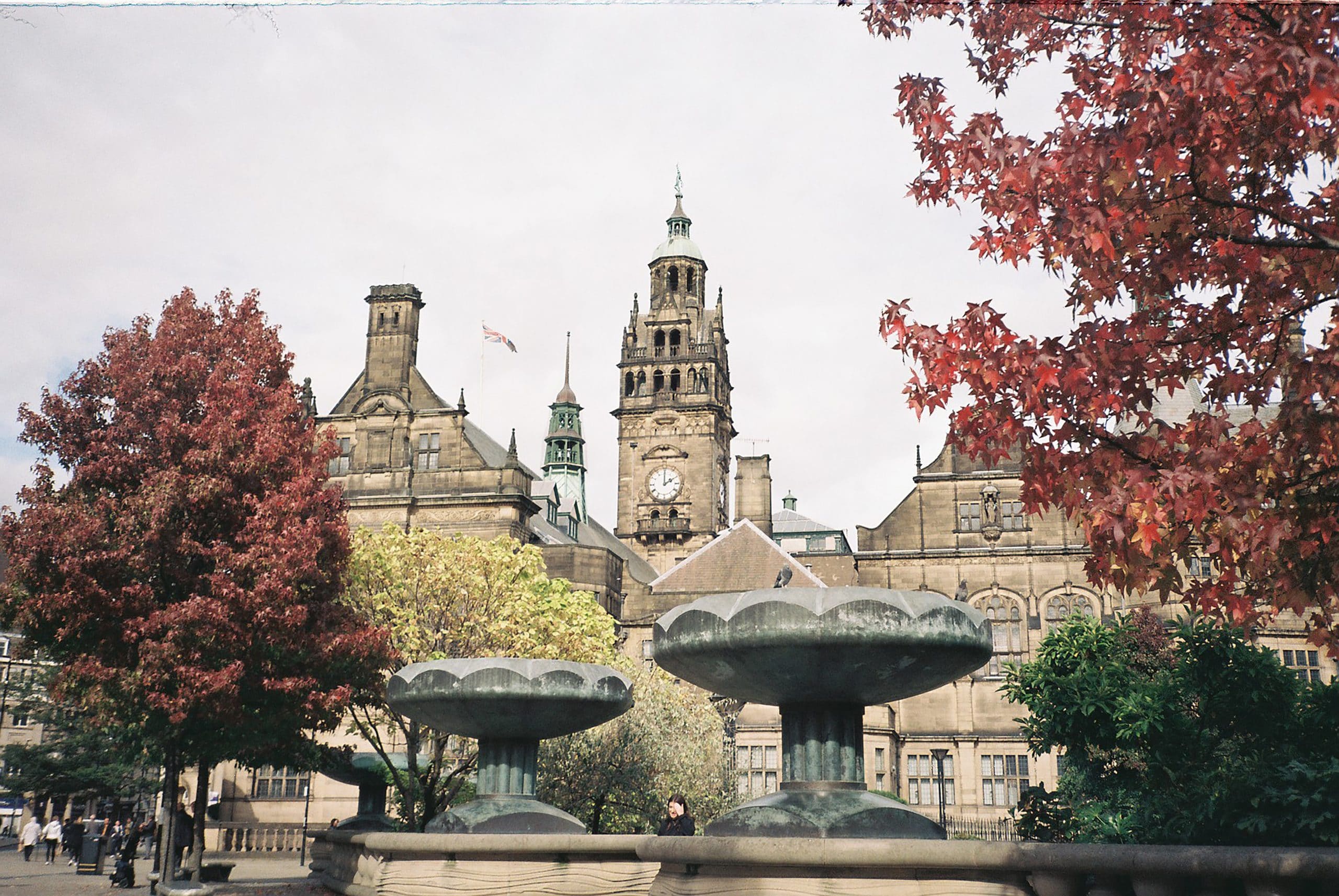 The Peace Gardens in Sheffield city centre with the Town Hall in the background, two trees and water features.