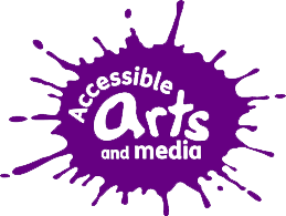 The Accessible Arts and Media logo which includes a purple splash of paint and the name of their charity in white font.