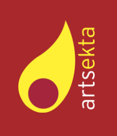 The ArtsEkta charity Logo with red background and yellow flame.