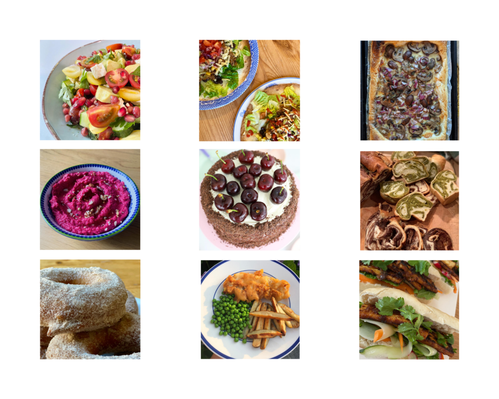 Grid of recipes made by interns, including beetroot hummus, povitika and fish and chips.