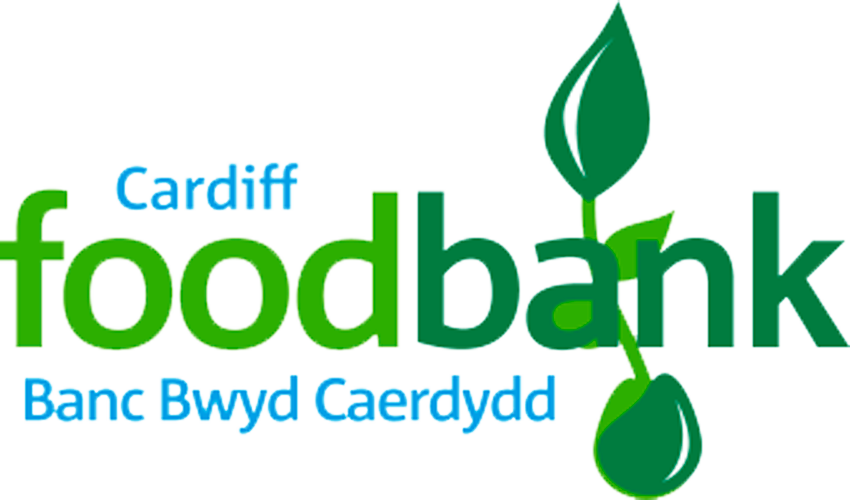 Cardiff food bank logo with written in two shades of green with the location in blue text.
