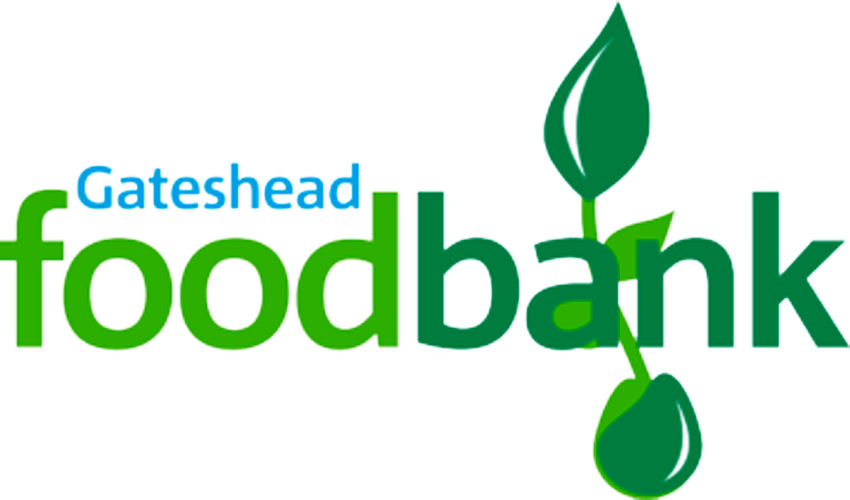 The Gateshead food bank logo in two shades of green with the location name written in blue.