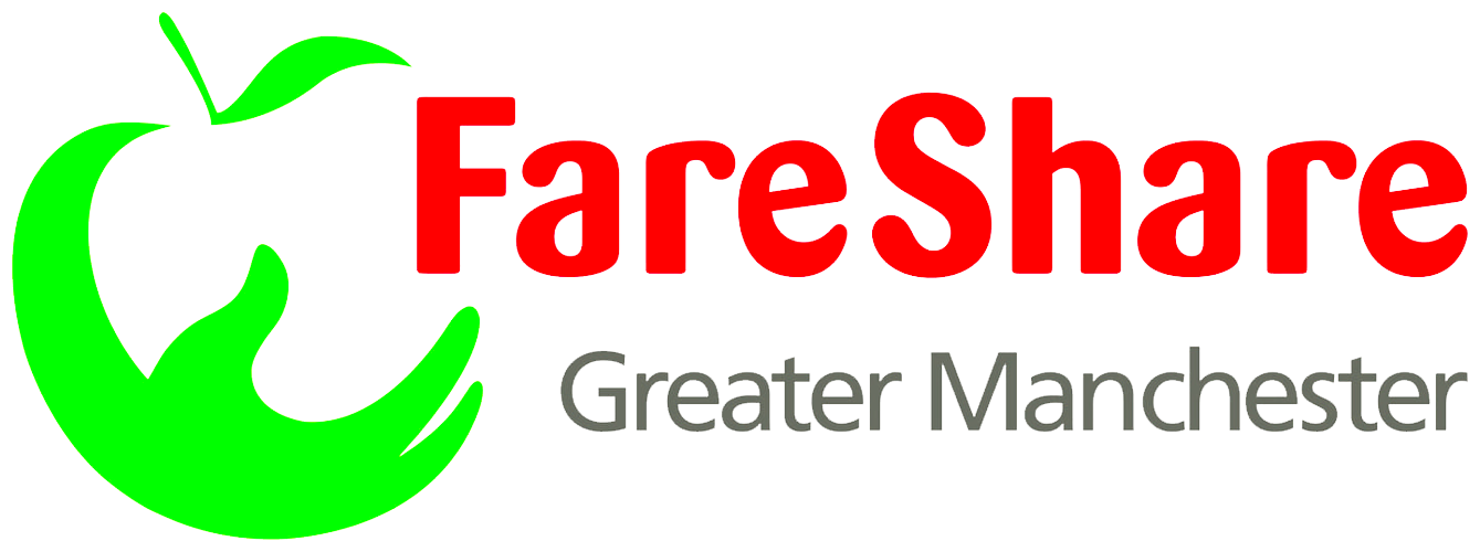 The FareShare Greater Manchester logo with FareShare in bright red and an apple shape in green to the left.