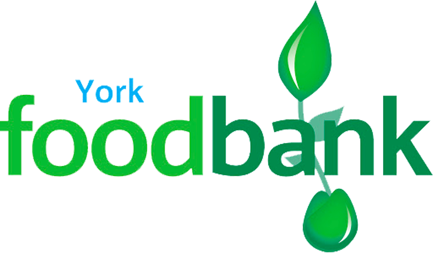 The York food bank logo written in two shades of green with the location name in blue.