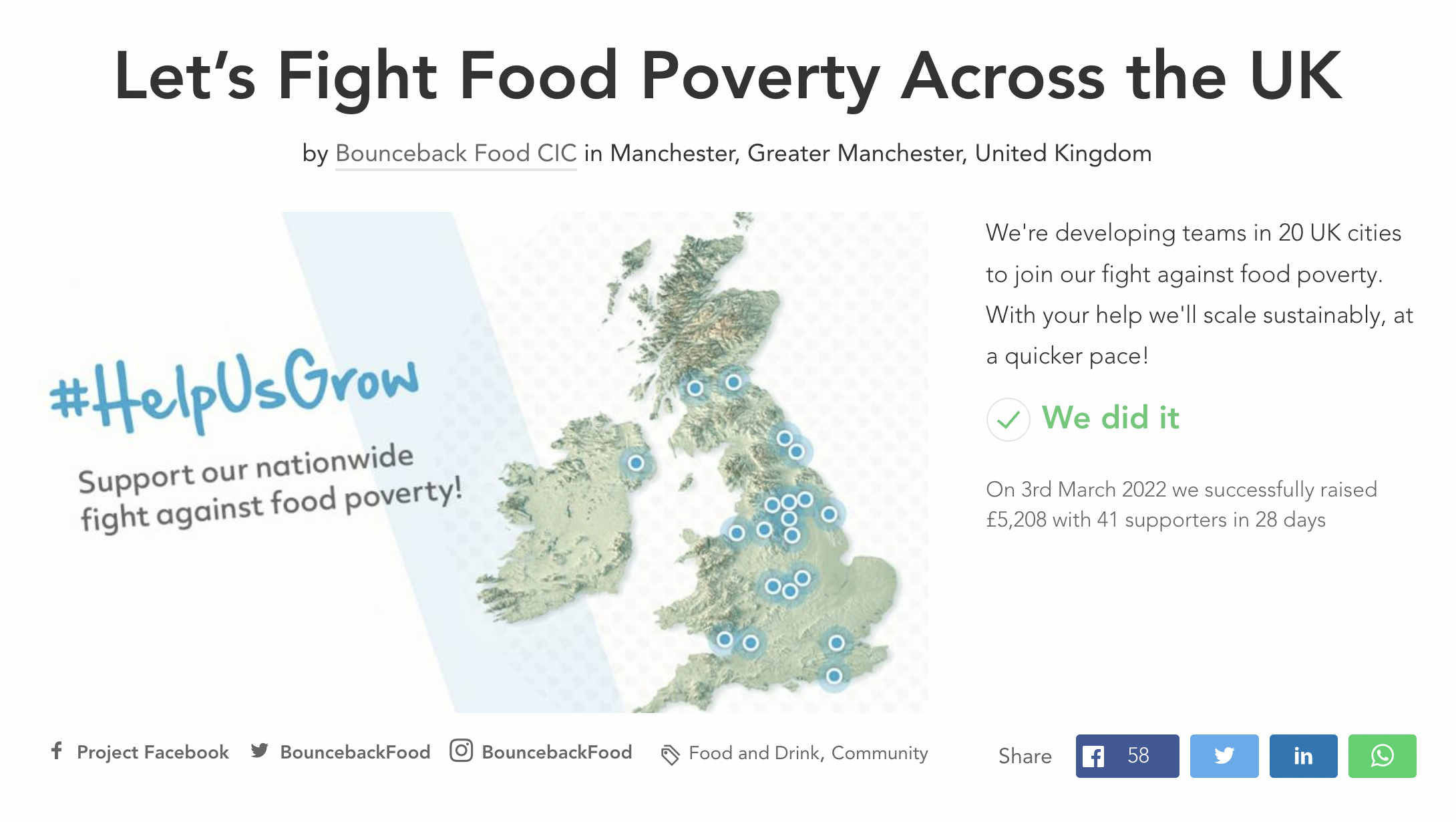 A picture of the Bounceback Food crowdfunding campaign website for the Help Us Grow campaign.