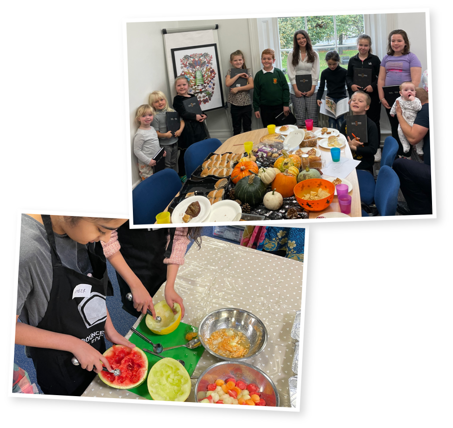 A picture of a Bounceback Food cookery workshop and a group of young people involved in the production of Secret Dishes From Around the World 3.