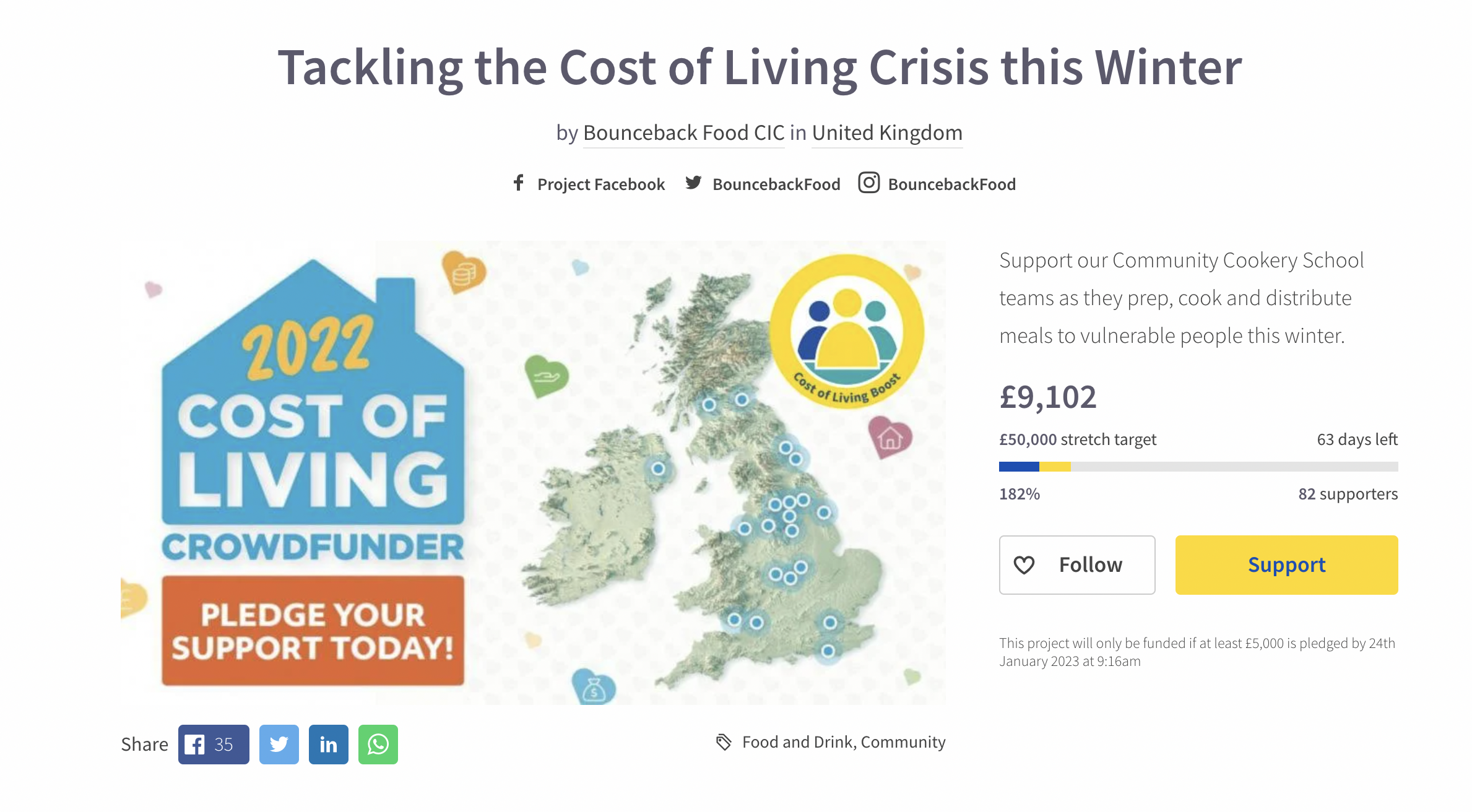 The fundraising totaliser for the crowdfunding campaign next to a UK map