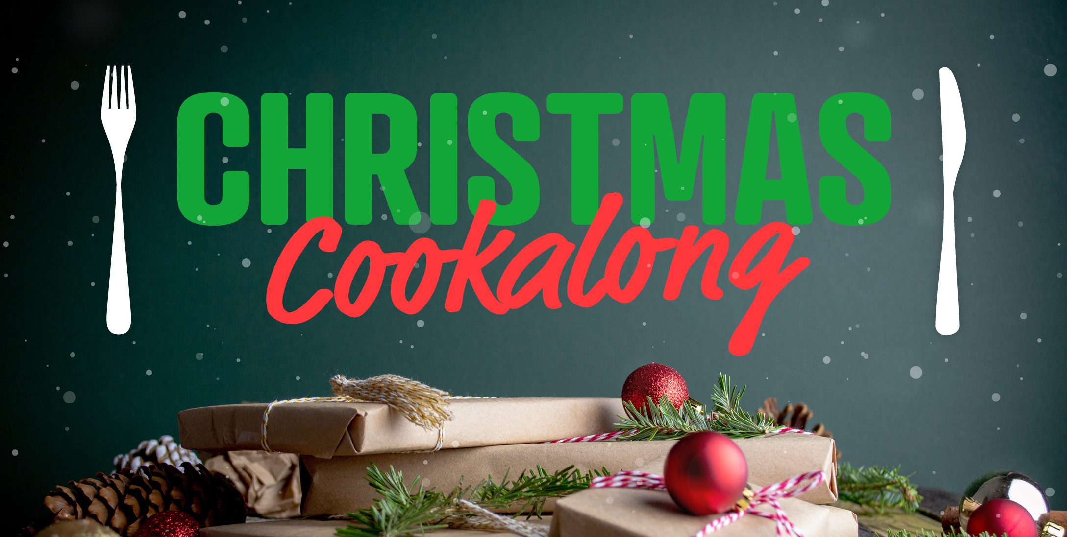 A stack of presents with festive decorations, a knife and fork, and text that reads 'Christmas Cookalong'.